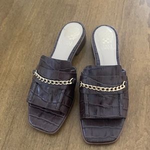 Vince Camuto faux leather mules with gold detail